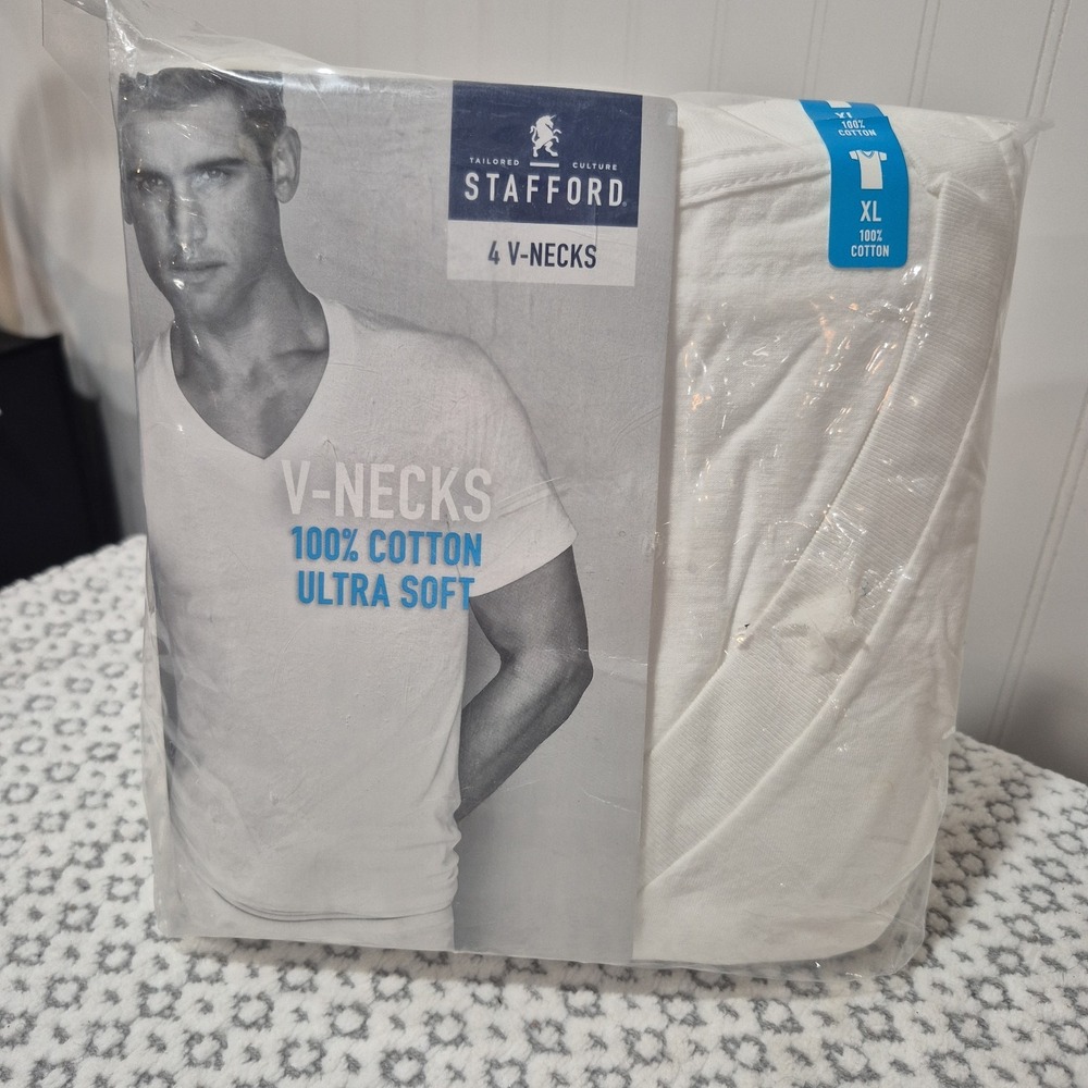 Stafford V Neck T Shirts 4 Pack XL NIP 100% Cotton Super Soft White New